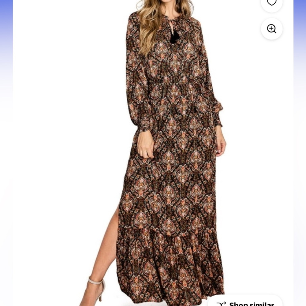 Love Stitch Long Sleeve Boho Leg slit Black multicolor Flowy Maxi dress Nwt